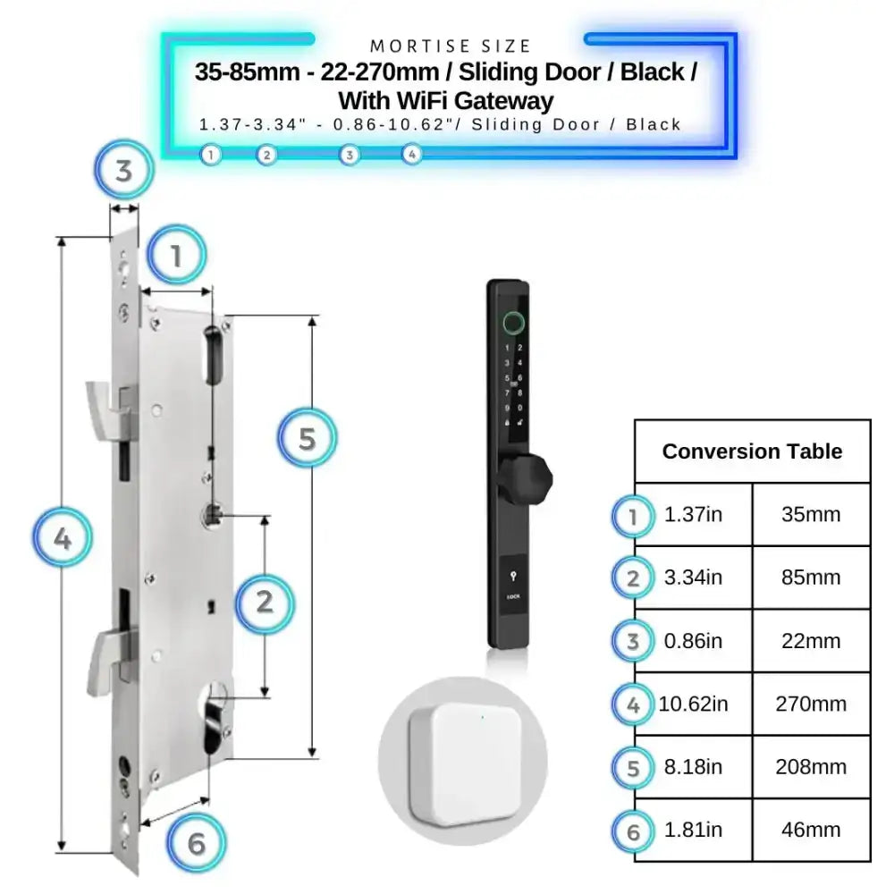 Smart Door Lock Thin - 35-85mm (22x270mm) Sliding Door / Black / With WiFi Gateway - Smart Door Lock