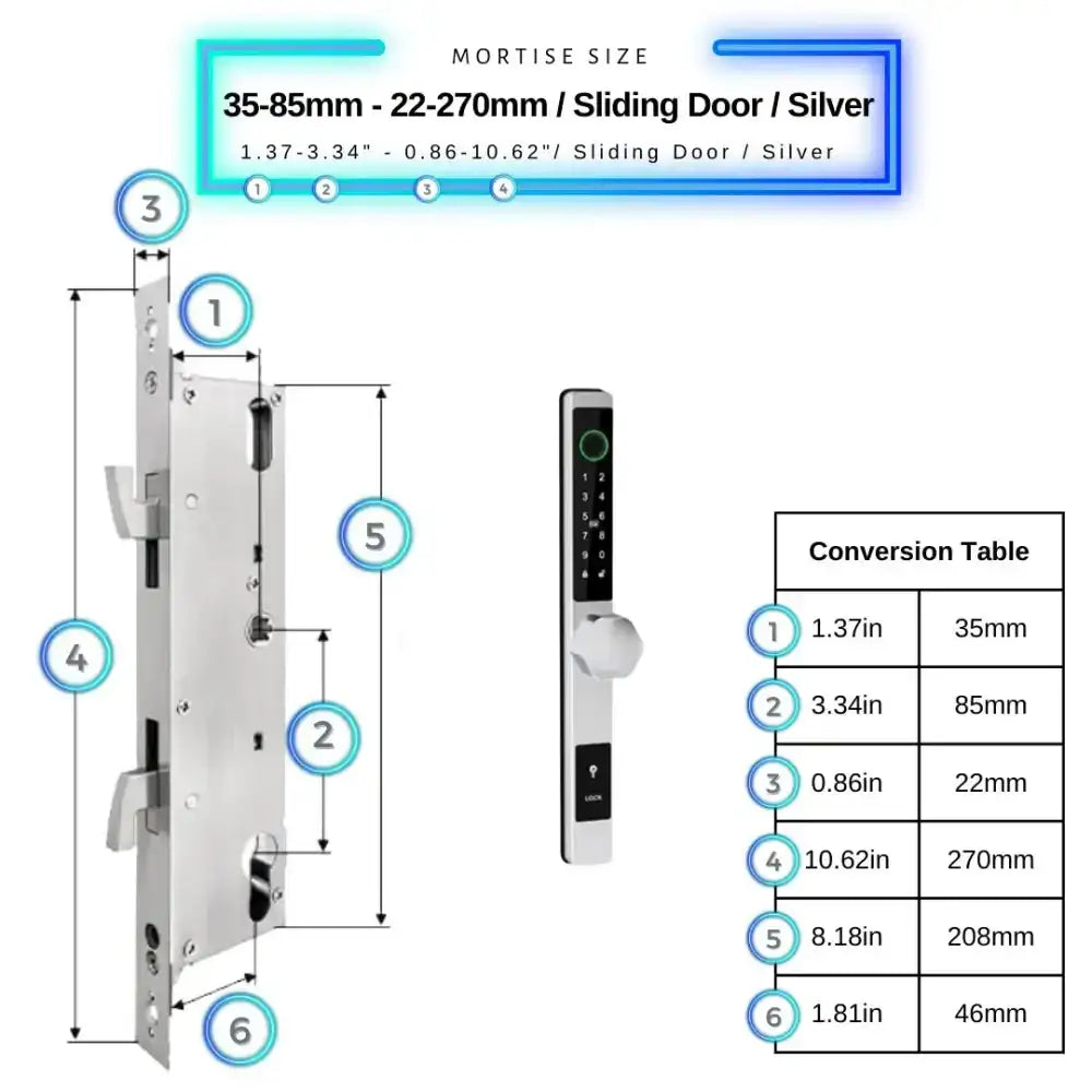 Smart Door Lock Thin - 35-85mm (22x270mm) Sliding Door / Silver / No WiFi Gateway - Smart Door Lock