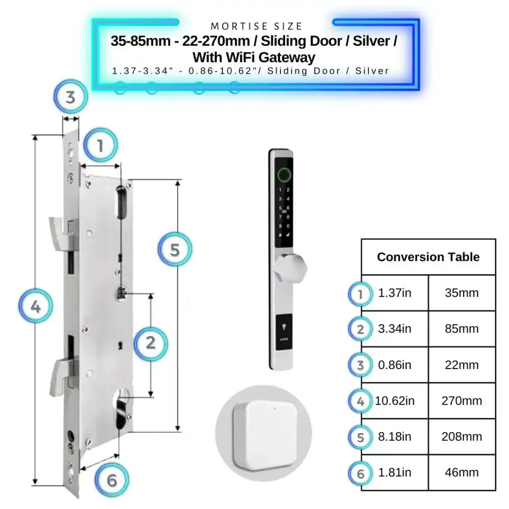 Smart Door Lock Thin - 35-85mm (22x270mm) Sliding Door / Silver / With WiFi Gateway - Smart Door Lock