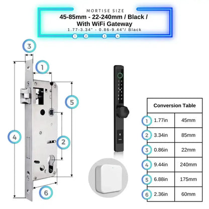 Smart Door Lock Thin - 45-85mm (22x240mm) / Black / With WiFi Gateway - Smart Door Lock