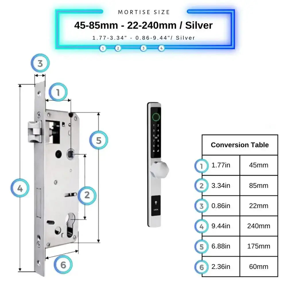 Smart Door Lock Thin - 45-85mm (22x240mm) / Silver / No WiFi Gateway - Smart Door Lock