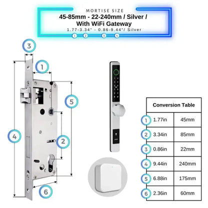 Smart Door Lock Thin - 45-85mm (22x240mm) / Silver / With WiFi Gateway - Smart Door Lock