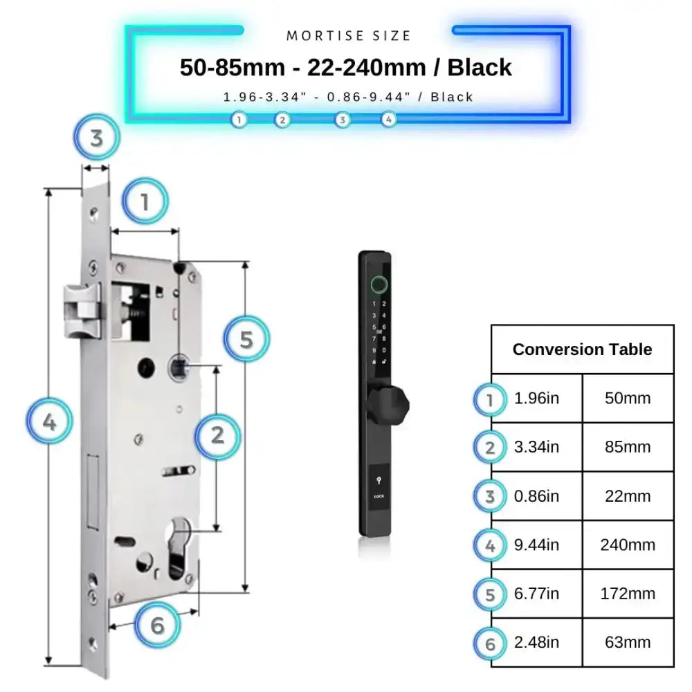 Smart Door Lock Thin - 50-85mm (22x240mm) / Black / No WiFi Gateway - Smart Door Lock