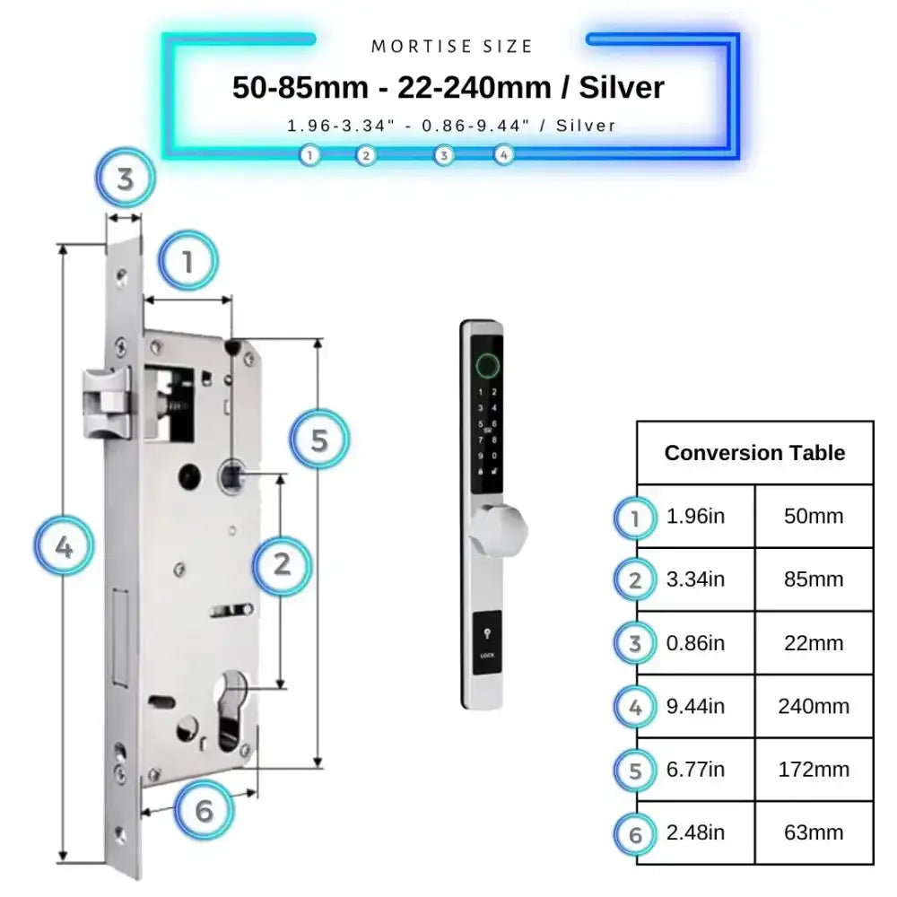 Smart Door Lock Thin - 50-85mm (22x240mm) / Silver / No WiFi Gateway - Smart Door Lock