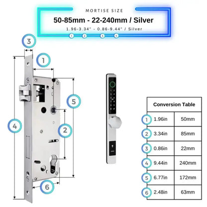 Smart Door Lock Thin - 50-85mm (22x240mm) / Silver / No WiFi Gateway - Smart Door Lock