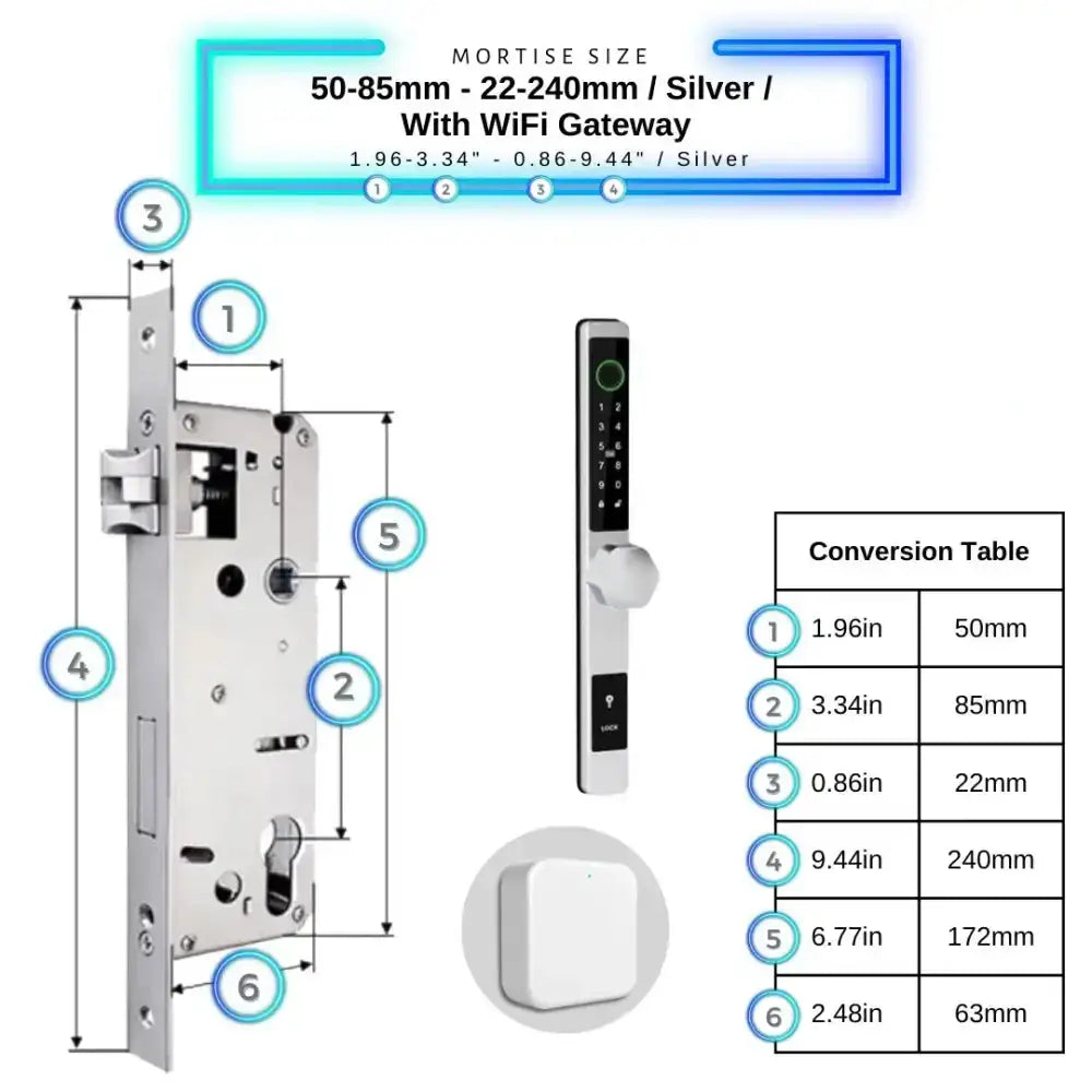 Smart Door Lock Thin - 50-85mm (22x240mm) / Silver / With WiFi Gateway - Smart Door Lock