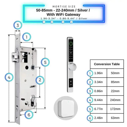 Smart Door Lock Thin - 50-85mm (22x240mm) / Silver / With WiFi Gateway - Smart Door Lock