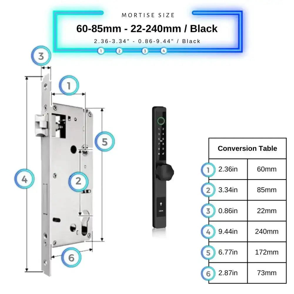 Smart Door Lock Thin - 60-85mm (22x240mm) / Black / No WiFi Gateway - Smart Door Lock