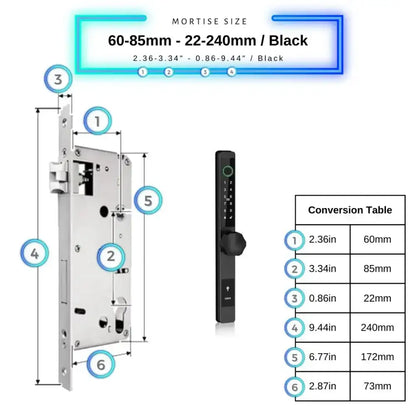 Smart Door Lock Thin - 60-85mm (22x240mm) / Black / No WiFi Gateway - Smart Door Lock