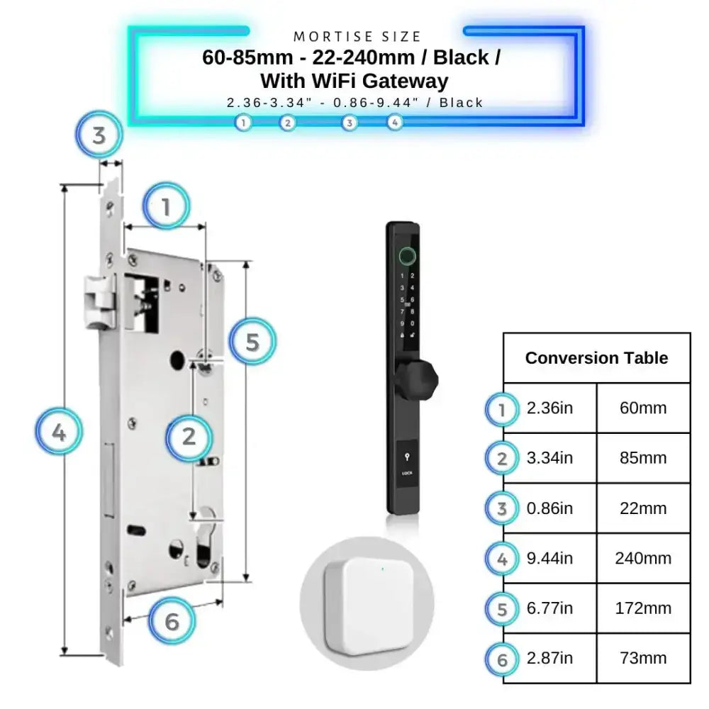 Smart Door Lock Thin - 60-85mm (22x240mm) / Black / With WiFi Gateway - Smart Door Lock