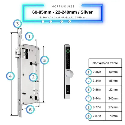 Smart Door Lock Thin - 60-85mm (22x240mm) / Silver / No WiFi Gateway - Smart Door Lock