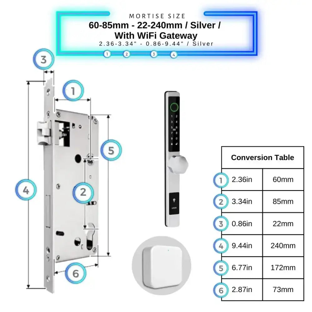 Smart Door Lock Thin - 60-85mm (22x240mm) / Silver / With WiFi Gateway - Smart Door Lock