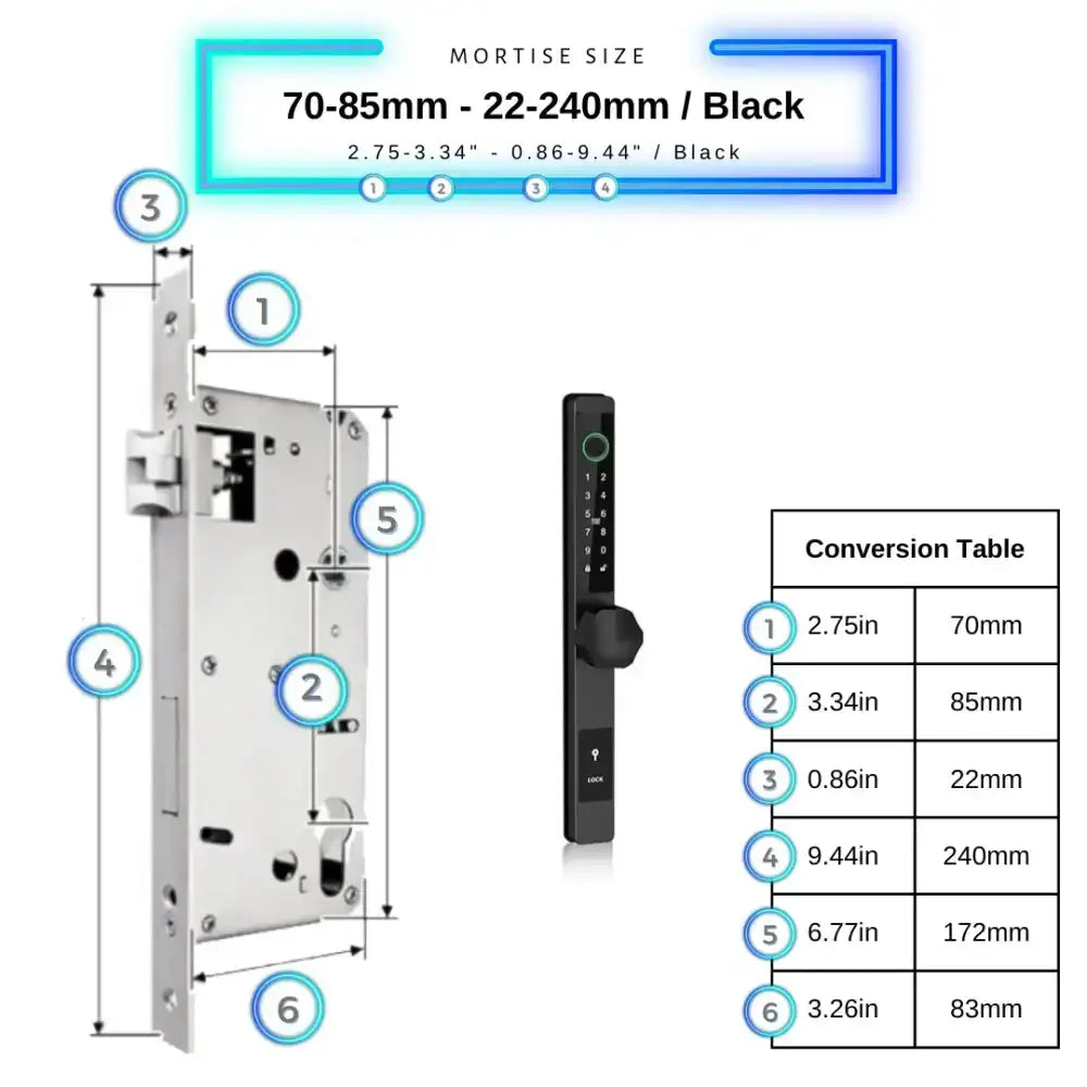 Smart Door Lock Thin - 70-85mm (22x240mm) / Black / No WiFi Gateway - Smart Door Lock