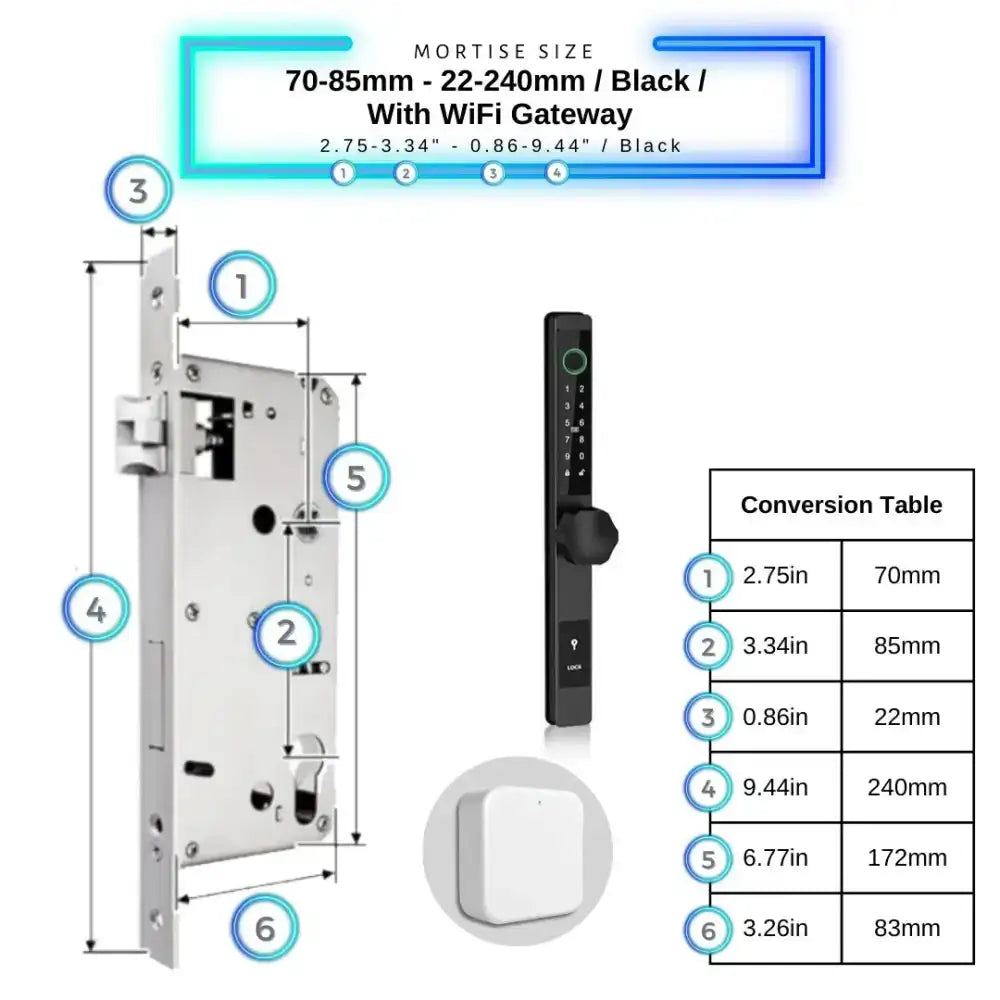 Smart Door Lock Thin - 70-85mm (22x240mm) / Black / With WiFi Gateway - Smart Door Lock