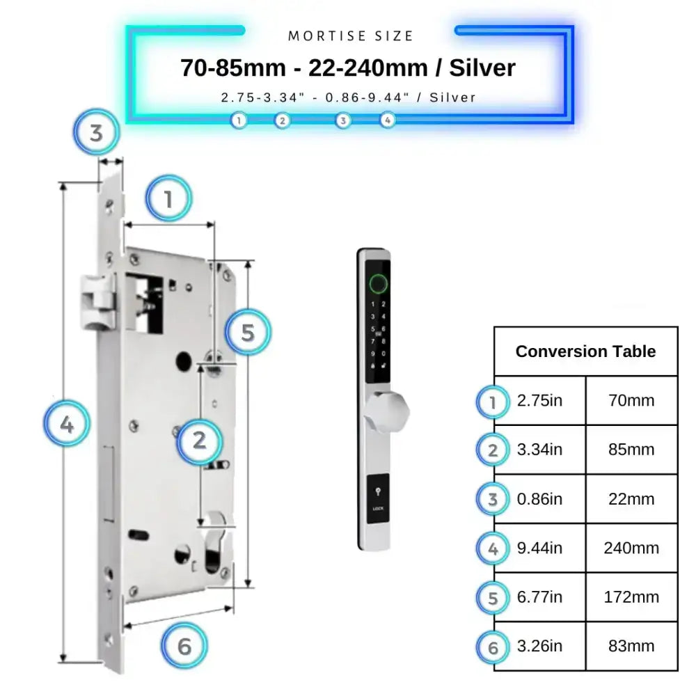 Smart Door Lock Thin - 70-85mm (22x240mm) / Silver / No WiFi Gateway - Smart Door Lock