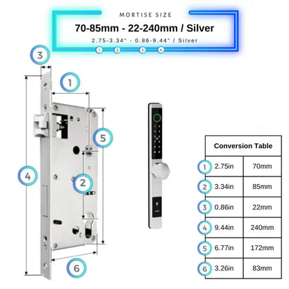 Smart Door Lock Thin - 70-85mm (22x240mm) / Silver / No WiFi Gateway - Smart Door Lock