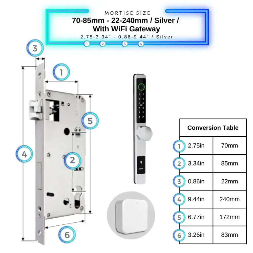 Smart Door Lock Thin - 70-85mm (22x240mm) / Silver / With WiFi Gateway - Smart Door Lock
