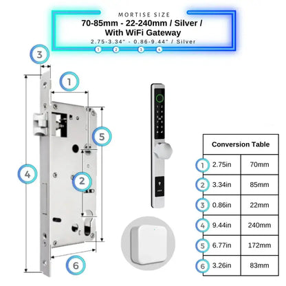 Smart Door Lock Thin - 70-85mm (22x240mm) / Silver / With WiFi Gateway - Smart Door Lock