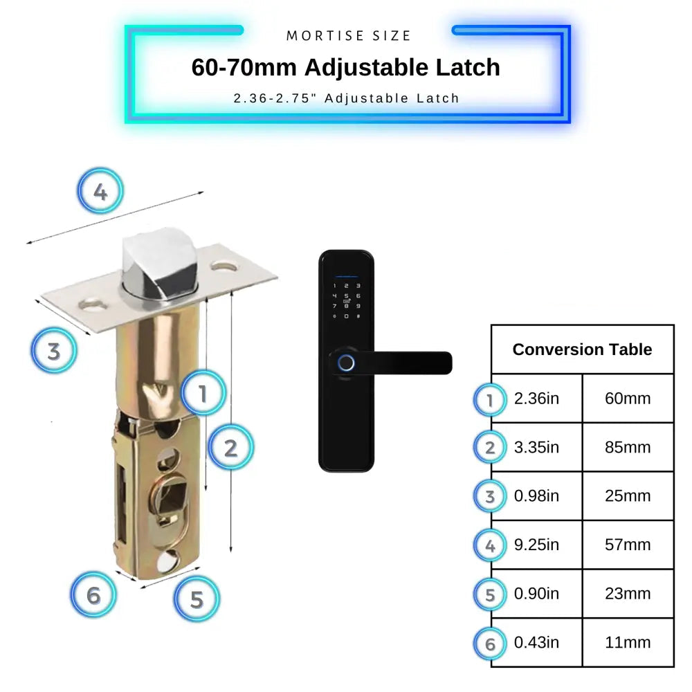 Smart Door Lock XL - Black / 60-70mm Adjustable Latch - Smart Lock