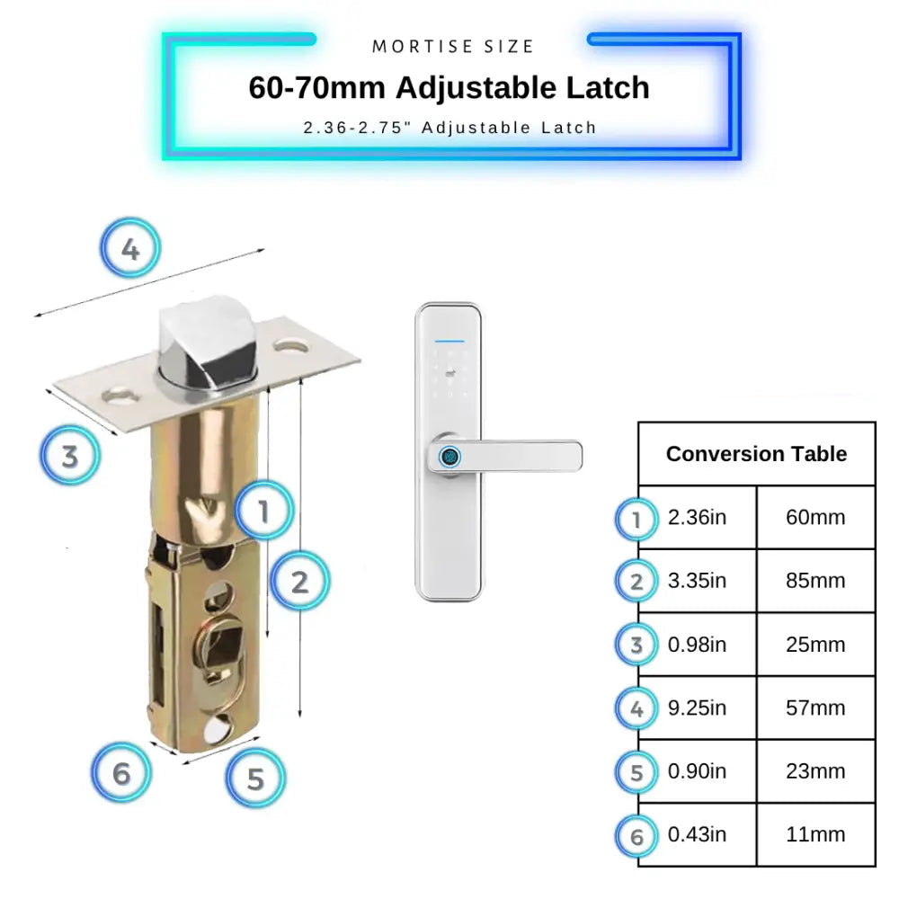 Smart Door Lock XL - Silver / 60-70mm Adjustable Latch - Smart Lock