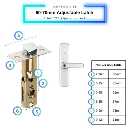 Smart Door Lock XL - Silver / 60-70mm Adjustable Latch - Smart Lock
